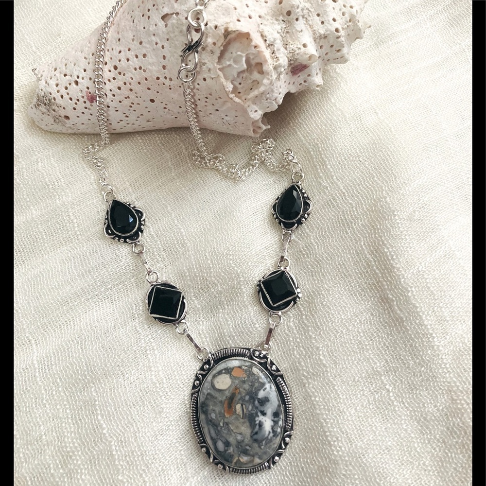 NEW Magnificent Maligano Jasper and Black Onyx, 925 Silver Necklace